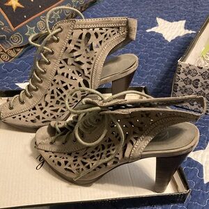 Very Volatile Grey Laser-Cut Lace-Up Slingback Heels